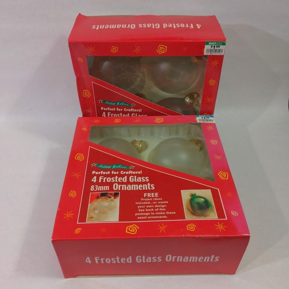Set 2 Holiday Makers Frosted Glass Ornaments White Matte Christmas Balls DIY Vtg